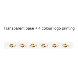 A roll of transparent packaging tape featuring a multi-coloured printed logo along its length.