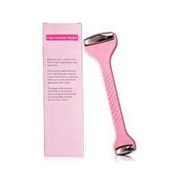 A pink ice massager roller with double heads, featuring a textured handle and a box in the background.