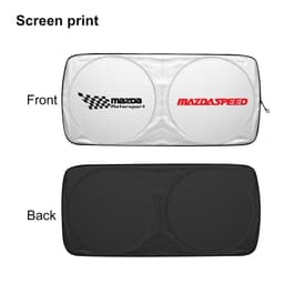 A foldable car shade featuring a white front with a logo and a black back. Ideal for protecting vehicles from sunlight.