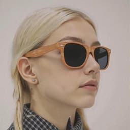 Wooden sunglasses with a light brown frame and dark lenses worn by a person with blonde hair.