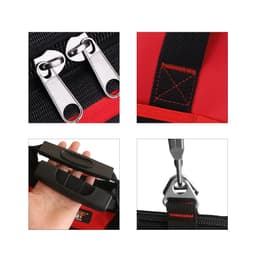 Close-up details of a red wheeled tool bag, featuring zippers, handles, and metal clips. The bag has a sturdy black strap.