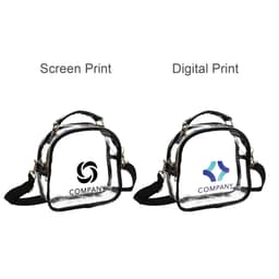 A clear PVC crossbody bag with black trim, featuring two variations of branding on the front.
