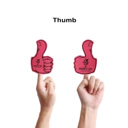 A pair of pink foam mitts shaped like thumbs held up by hands, featuring a logo.