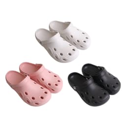 A set of Clog Slides in white, pink, and black, featuring ventilation holes and rounded design, with a logo on each pair.