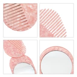 A portable acetate hair comb in pink with a mirror, featuring a marbled design and a logo.