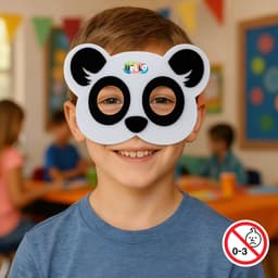 A black and white panda felt mask worn by a child, featuring large eye holes and a playful design.