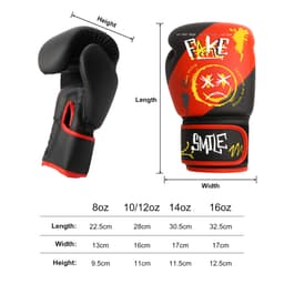 Adult training boxing gloves in black with red accents and a graphic design. Features measurements for various sizes.