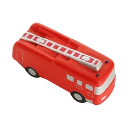 A red fire truck-shaped stress reliever with silver detailing and a ladder design on top.
