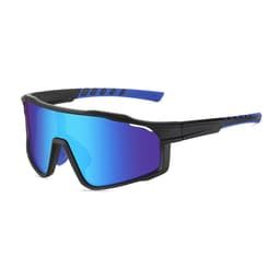 Sport glasses featuring a black frame with blue accents and mirrored blue lenses. The design is modern and sleek.