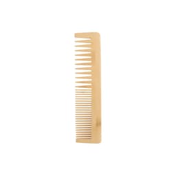 A bamboo comb with wide and narrow teeth, featuring a natural wood finish and a smooth design.