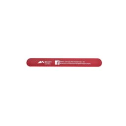 A red silicone slap band featuring a logo and additional details on one side.