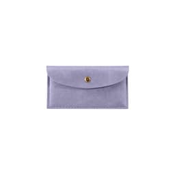 A purple PU leather glasses pouch with a gold snap button closure and stitched detailing.