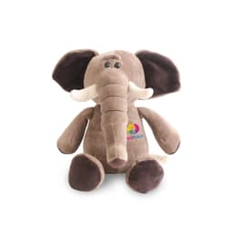 A brown elephant plush toy with large ears and a friendly expression, featuring a small logo on its torso.