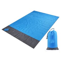 A large picnic blanket in blue and black, accompanied by a matching pouch for storage.