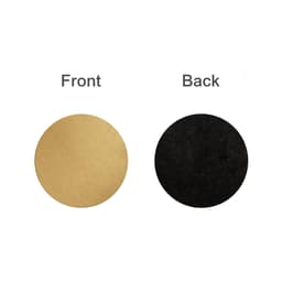A round metal coaster featuring a gold front and a black back, with a logo present.