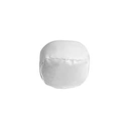 A white Hacky Sack with a smooth surface and a rounded shape, featuring a small logo.
