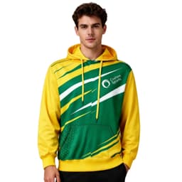 A unisex hoodie featuring a yellow and green design, with a pocket and a logo on the front.