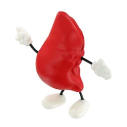 A red liver-shaped stress reliever with white hands and feet, featuring a cheerful expression.