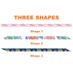 Three narrow satin scarves in various floral designs and colours, featuring multiple shapes and a logo.