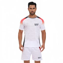 A set of 100% polyester sublimated breathable soccer shorts in white with red and black accents, featuring a logo.