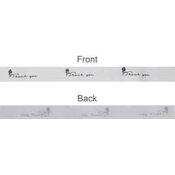 A screen-printed cotton ribbon in white featuring "Thank you" in black, displayed with front and back views.