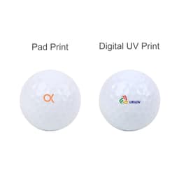 Two white golf balls featuring different print styles: one with a pad print and the other with a digital UV print.