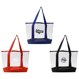 Three transparent handbags in red, navy, and black, each featuring a logo on the front.