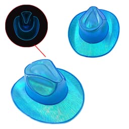 A blue light-up cowboy hat with a shiny finish and a distinctive shape, featuring an illuminated effect.