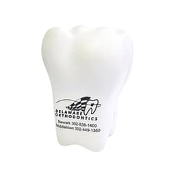 A white tooth-shaped stress reliever with a logo, designed as a fun stress keyring.