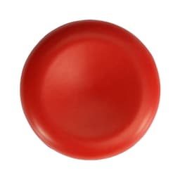A round, red stress reliever in the shape of a cell, featuring a smooth surface and a logo.