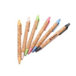 Eco Cork Pens in various colours: orange, green, blue, pink, black, and white, featuring branding and a cork barrel.
