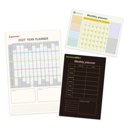 A magnetic calendar planner set featuring a yearly, monthly, and weekly planner in various pastel colours and a black background.