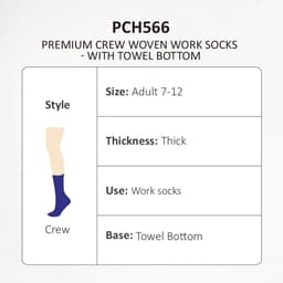 Premium crew woven work socks in navy blue with a towel bottom, suitable for adult sizes 7-12.