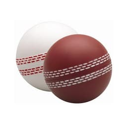 A red and a white cricket ball shape stress reliever, featuring stitched details. Both have a smooth finish and a logo.