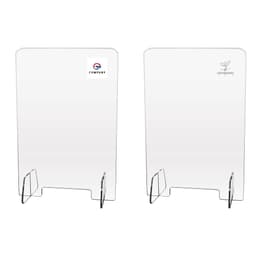 A personal protection screen with a clear acrylic panel and metal stand, featuring branding space on one side.