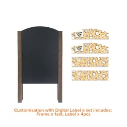A wooden A-frame chalkboard with a smooth black surface and four decorative label strips in a light colour.