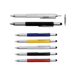 A collection of multi-function metal pens in silver, black, blue, yellow, and red, featuring various writing tools and a logo.