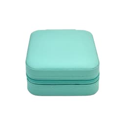 A turquoise PU leather jewellery box with a zippered closure and a textured finish. It features a logo on the surface.