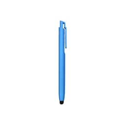 A blue touchscreen ballpoint pen with a sleek design and a clip, featuring a logo.