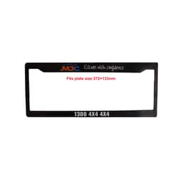 A black plastic licence plate frame with a logo, designed to fit a plate size of 372 x 133 mm.