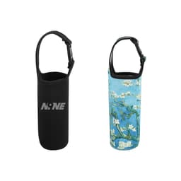 A drink bottle carrier pouch featuring a black side with a logo and a blue floral design on the other side.