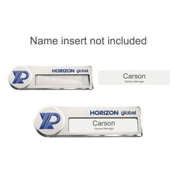 A custom reusable metal name badge in silver with a logo and space for a name insert.