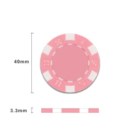 A pink ABS poker chip featuring white accents, measuring 40mm in diameter and 3.3mm thick.