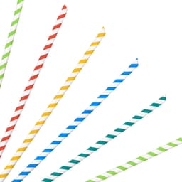 A collection of disposable 4-ply straight angled paper straws in red, yellow, blue, green, and white striped designs.