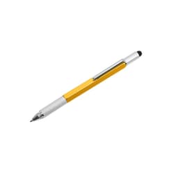 A metal pen with a shiny silver accent and a vibrant yellow barrel, featuring a tactile grip and a stylus tip.