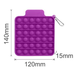 A purple square push bubble board with various sized bubbles, featuring a clip for attachment. Dimensions are indicated.