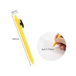 A yellow custom PVC pen with a black clip and a refillable 0.5mm point, showcased beside handwritten text.