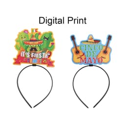A vibrant headband featuring two colourful digital prints: a fiesta-themed cactus design and a Cinco de Mayo motif with guitars.