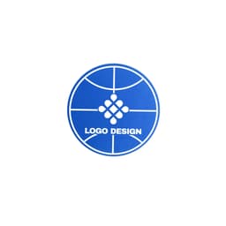 A blue circular promotional product with a logo design resembling a basketball court layout.