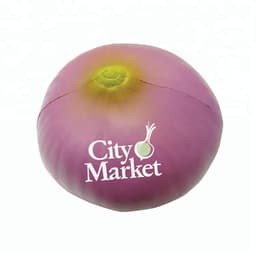 A purple onion-shaped stress reliever featuring a green top and a logo. Ideal for stress relief and fun.